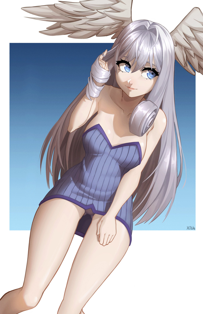 1girl absurdres bare_shoulders blue_eyes breasts dress head_wings highres long_hair medium_breasts melia_antiqua simple_background smile solo underwear x_xith_x xenoblade_chronicles_(series) xenoblade_chronicles_1 xenoblade_chronicles_3
