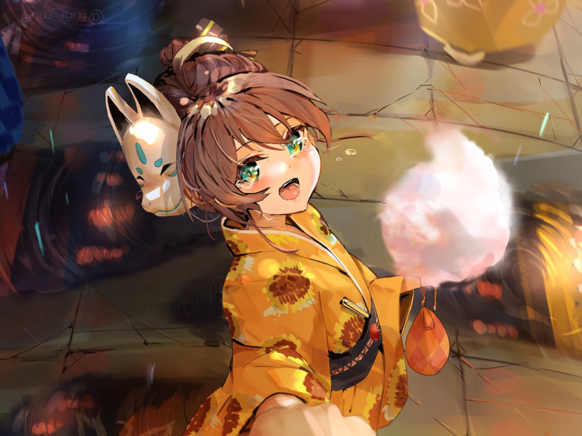 1girl aged_down aqua_eyes brown_hair cotton_candy crying fox_mask funi_mu9 highres hololive japanese_clothes kimono looking_at_viewer mask natsuiro_matsuri obi open_mouth sash solo tears virtual_youtuber yukata