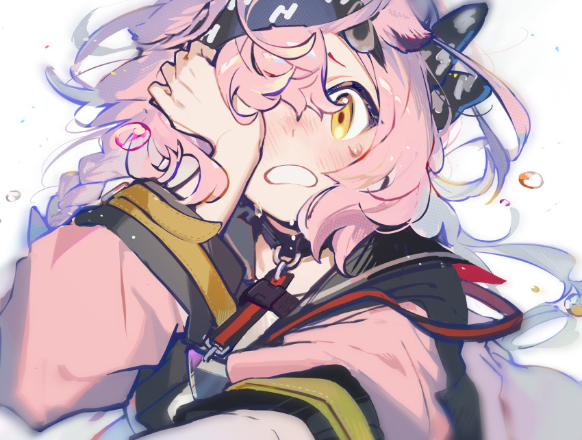 1girl absurdres arknights black_choker black_hairband black_sailor_collar blush braid choker coat covering_one_eye goldenglow_(arknights) hairband highres lightning_bolt_print long_hair looking_at_viewer motamo_(motamotri) open_clothes open_coat parted_lips pink_coat pink_hair sailor_collar simple_background single_braid solo upper_body white_background yellow_eyes