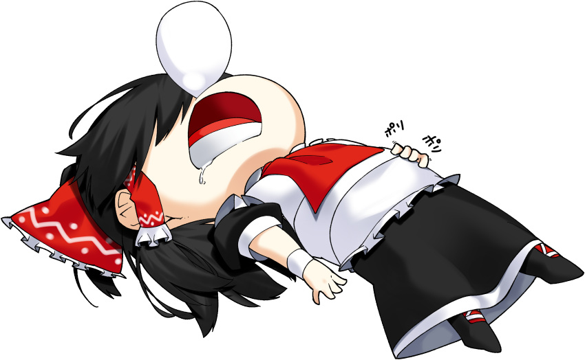 1girl absurdres black_hair bow covered_eyes detached_sleeves drooling hair_bow hair_tubes hakurei_reimu highres lower_teeth lying nose_bubble on_back open_mouth outline red_bow sleeping solo teeth touhou transparent_background trick1601 white_outline