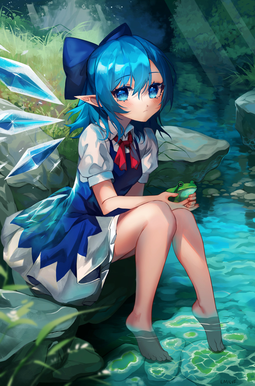1girl absurdres animal bangs barefoot blue_bow blue_dress blue_eyes blue_hair bow cirno closed_mouth dress english_commentary forest frog full_body grass hair_between_eyes hair_bow highres holding holding_animal ice ice_wings light_rays looking_at_viewer making-of_available medium_hair nature neckerchief outdoors pointy_ears puffy_short_sleeves puffy_sleeves red_neckerchief river rock shianebulae shirt short_sleeves signature sitting soaking_feet solo touhou white_shirt wings