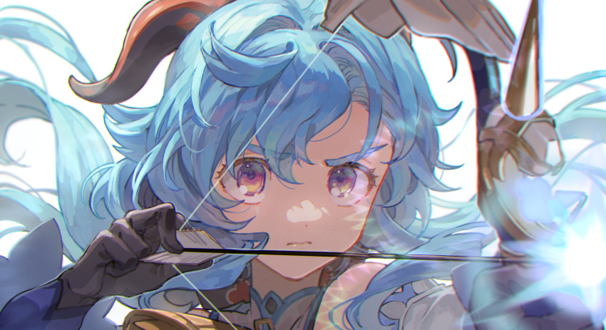 &gt;:( 1girl absurdres amos'_bow_(genshin_impact) bangs bare_shoulders bell black_gloves blue_hair bow_(weapon) close-up detached_sleeves drawing_bow ganyu_(genshin_impact) genshin_impact gloves highres holding holding_bow_(weapon) holding_weapon horns long_hair neck_bell solo sonomura upper_body v-shaped_eyebrows violet_eyes weapon