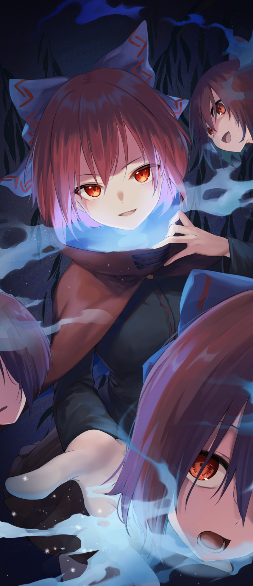 1girl absurdres black_shirt blue_bow blush bow cloak disembodied_head floating_head hair_bow highres long_sleeves looking_at_viewer multiple_heads nnyara open_mouth red_cloak red_eyes redhead sekibanki shirt short_hair smile solo touhou