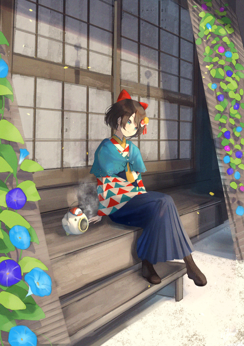 1girl absurdres alternate_costume aqua_eyes architecture blue_skirt boots bow brown_hair day east_asian_architecture hair_bow highres hololive long_skirt oozora_subaru outdoors plant pleated_skirt porch short_hair sitting skirt smile smoke solo vines virtual_youtuber xyunx