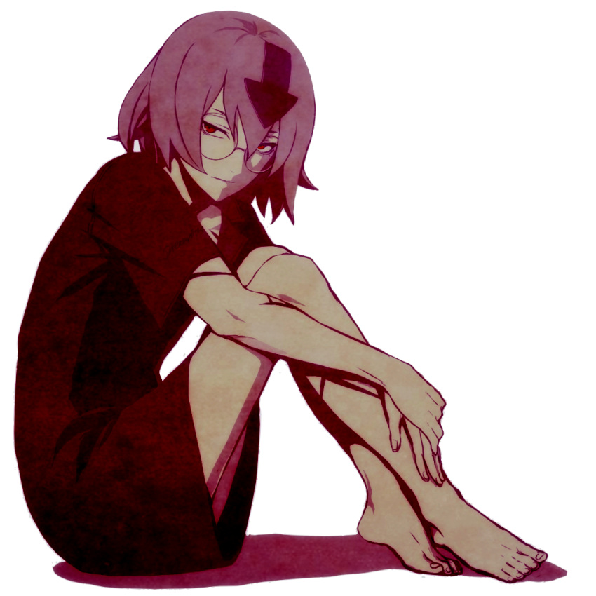1boy arrow_(symbol) bangs barefoot bedman dress glasses gown guilty_gear guilty_gear_xrd hair_between_eyes hospital_gown looking_at_viewer purple_hair red_eyes rimless_eyewear round_eyewear short_hair simple_background sitting solo tb_(spr1110) white_background