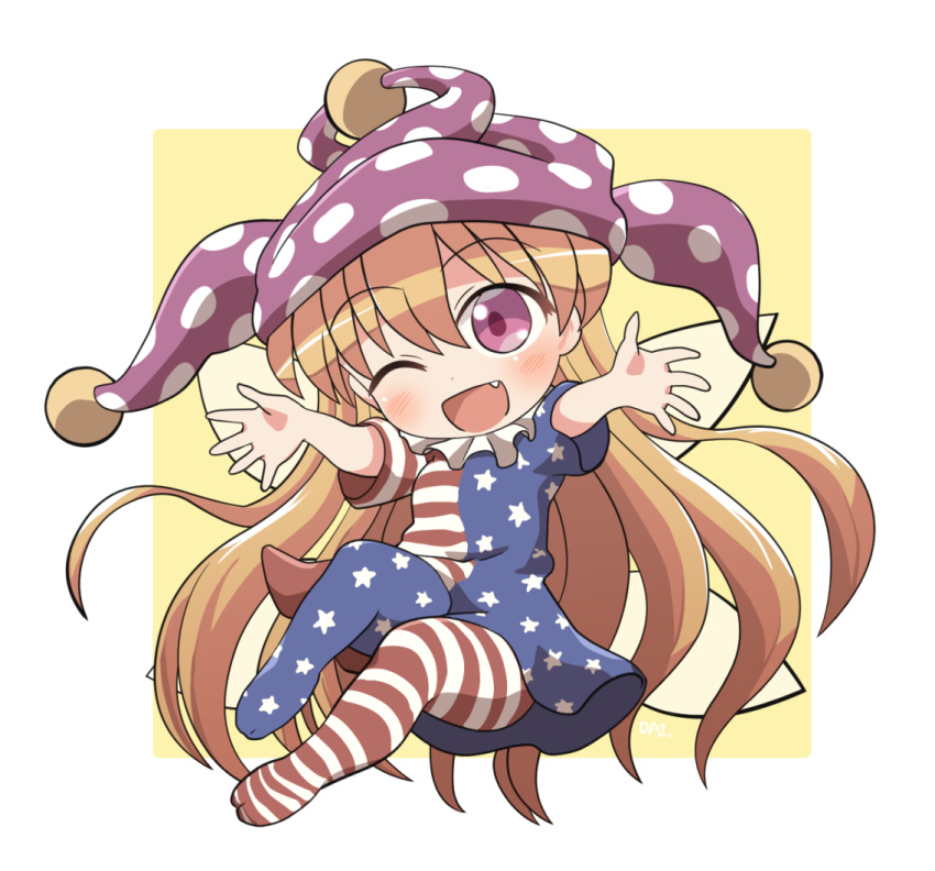 1girl american_flag_dress american_flag_legwear blonde_hair blush clownpiece dress fairy fairy_wings fang full_body hair_between_eyes hat jester_cap long_hair one_eye_closed open_mouth pantyhose pink_eyes polka_dot polka_dot_headwear purple_headwear rokugou_daisuke short_sleeves signature smile solo star_(symbol) star_print striped striped_dress striped_pantyhose touhou wings