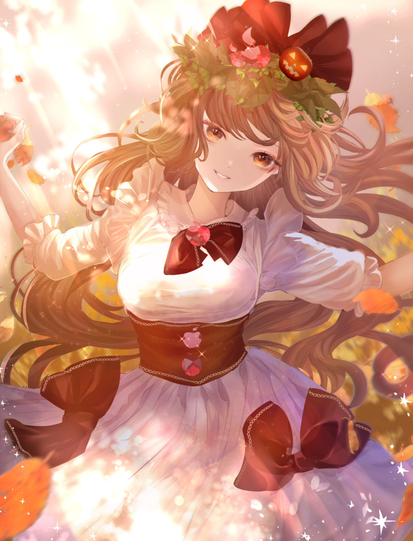 1girl absurdres autumn bangs black_bow blurry blurry_background blurry_foreground bow breasts brooch brown_eyes brown_hair dress fairy floating_hair food-themed_hair_ornament frills gem hair_ornament hair_ribbon head_tilt head_wreath highres jewelry komirihikku leaf long_hair looking_at_viewer medium_breasts original outdoors outstretched_arms parted_lips pumpkin_hair_ornament red_gemstone red_ribbon ribbon short_sleeves smile solo spread_arms upper_body very_long_hair white_dress wreath