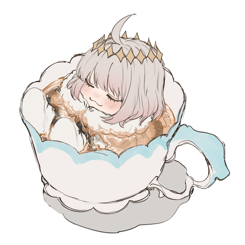 1boy :3 absurdres ahoge blush cape closed_eyes closed_mouth cup diamond_hairband fate/grand_order fate_(series) fur-trimmed_cape fur_trim highres in_container in_cup male_focus miniboy oberon_(fate) short_hair simple_background solo tea teacup white_background white_hair yurumawari