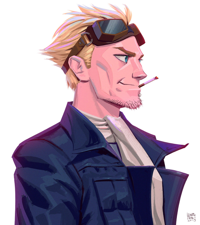 1boy artist_name ascot blonde_hair blue_eyes blue_jacket cheekbones cid_highwind cigarette facial_hair final_fantasy final_fantasy_vii final_fantasy_vii_remake goggles goggles_on_head hair_slicked_back highres jacket leandro_franci looking_to_the_side male_focus portrait short_hair smirk smoking solo stubble upper_body white_ascot white_background
