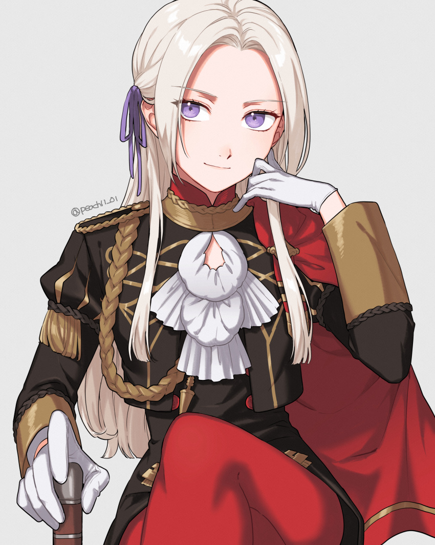 1girl absurdres aiguillette ascot axe cape closed_mouth commentary crossed_legs edelgard_von_hresvelg fire_emblem fire_emblem:_three_houses forehead garreg_mach_monastery_uniform gloves grey_background hair_ribbon highres holding holding_axe holding_weapon long_hair long_sleeves looking_at_viewer pantyhose peach11_01 purple_ribbon red_cape red_pantyhose ribbon simple_background sitting smile solo twitter_username uniform violet_eyes weapon white_ascot white_gloves white_hair