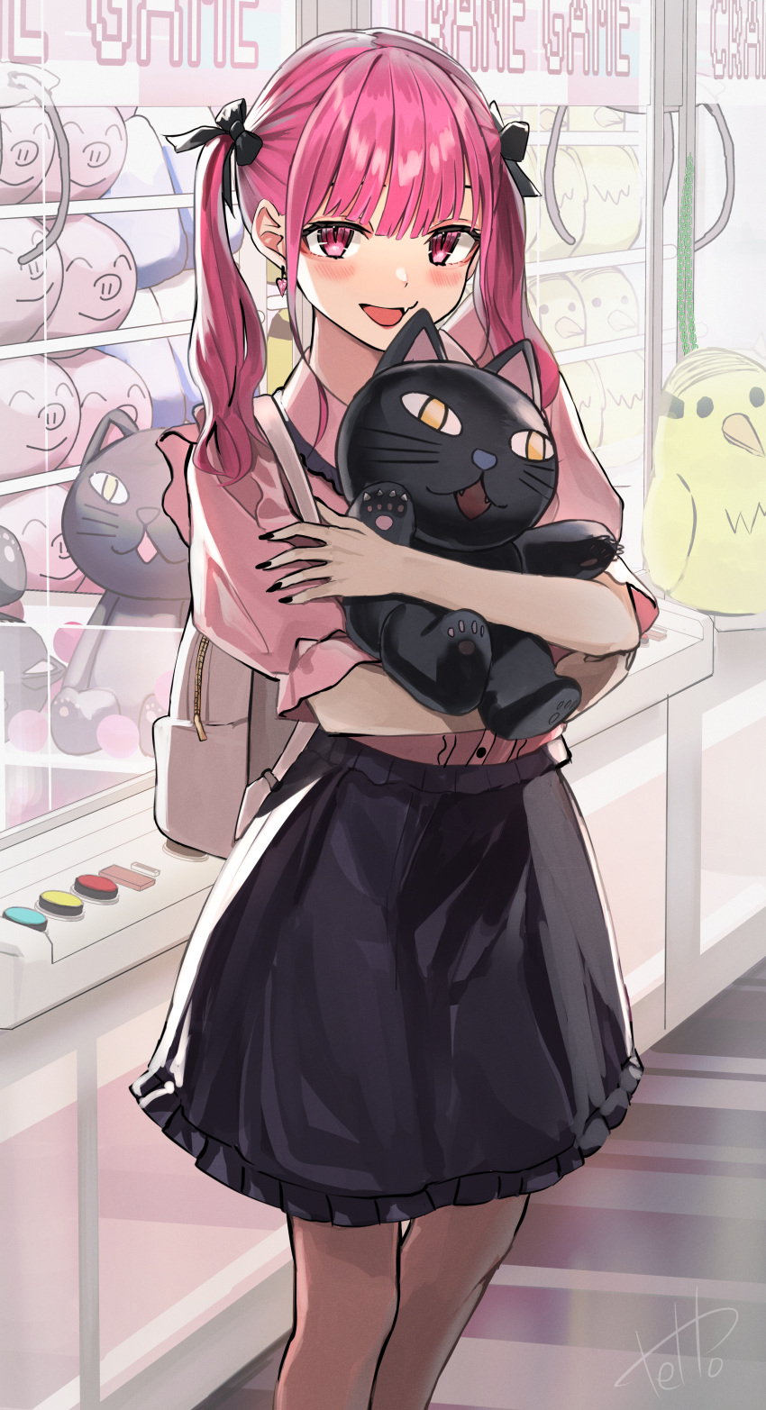 1girl absurdres arcade backpack bag black_bow black_bowtie black_nails black_skirt blue_hair blush bow bowtie breasts buta5813 buttons choker collared_shirt commentary_request cowboy_shot crane_game fang frilled_shirt frills gradient_hair hair_bow highres hinamizawa_hinami holding holding_stuffed_toy jirai_kei medium_hair multicolored_hair open_mouth original pantyhose pink_eyes pink_hair pink_shirt shirt skirt small_breasts smile stuffed_toy twintails