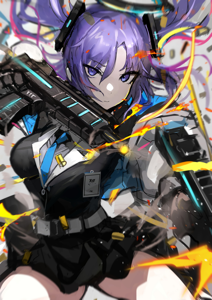 1girl absurdres bangs belt black_gloves black_skirt blue_archive blue_necktie breasts bullet chuhaibane closed_mouth collared_shirt commentary_request cow cowboy_shot dual_wielding expressionless firing gloves gun halo highres holding holding_gun holding_weapon id_card jacket long_sleeves looking_at_viewer medium_breasts medium_hair miniskirt necktie off_shoulder open_clothes open_jacket parted_bangs purple_hair shirt sidelocks sig_sauer_mpx skirt solo submachine_gun violet_eyes weapon white_belt yuuka_(blue_archive)