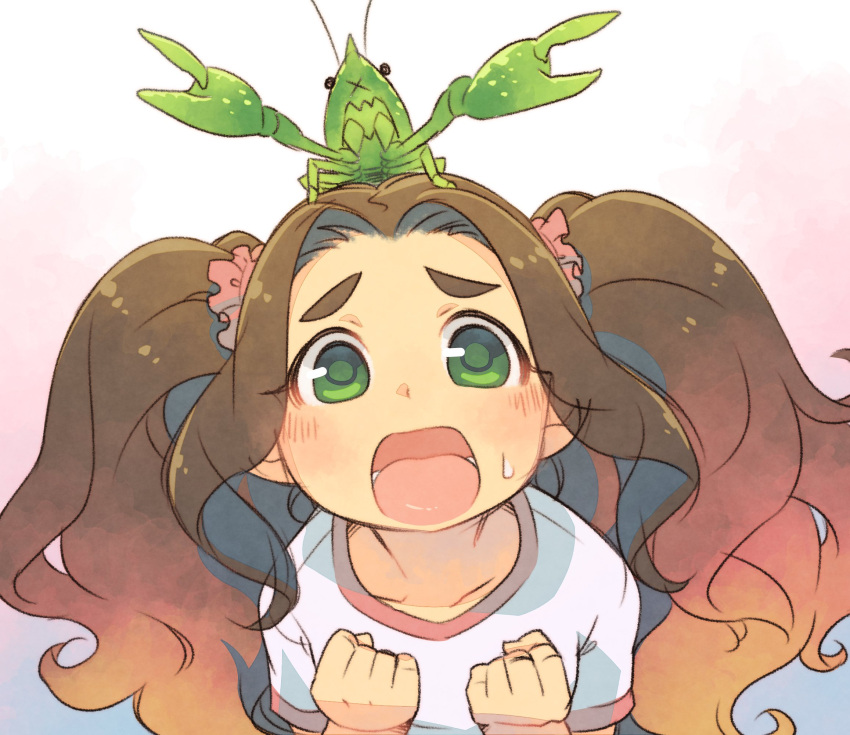 1girl animal_on_head bangs brown_hair clenched_hands collarbone commentary crayfish crustacean enuma_(uma-festival) gradient_hair green_eyes hair_ornament hair_scrunchie hands_up highres idolmaster idolmaster_cinderella_girls kusakabe_wakaba light_blush long_hair looking_at_viewer multicolored_hair on_head open_mouth orange_hair parted_bangs pink_scrunchie scrunchie shirt short_sleeves sweat t-shirt teeth thick_eyebrows tongue twintails very_long_hair wavy_hair white_shirt worried