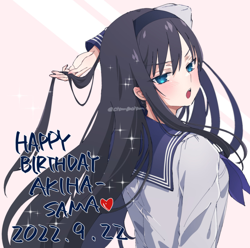 1girl black_hair black_hairband blue_eyes blue_sailor_collar citron80citron dated english_text hairband hand_in_own_hair happy_birthday long_hair long_sleeves looking_at_viewer open_mouth sailor_collar school_uniform serafuku simple_background solo tohno_akiha tsukihime upper_body white_background white_serafuku