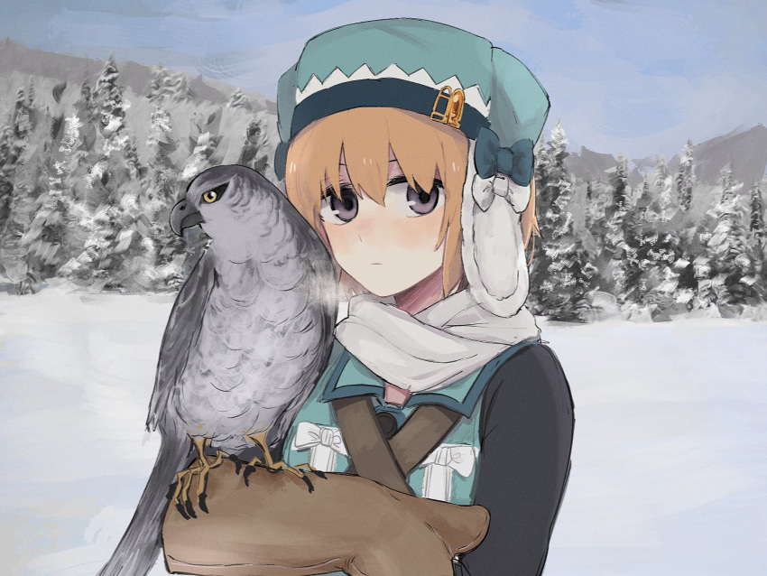 1girl an_sin animal animal_request bangs bird bird_request black_sleeves blue_bow blue_headwear blue_sky blush bow brown_gloves closed_mouth commentary expressionless fur_hat gloves hat highres looking_at_viewer magia_record:_mahou_shoujo_madoka_magica_gaiden magical_girl mahou_shoujo_madoka_magica military military_uniform miura_asahi orange_gemstone orange_hair outdoors scarf short_hair sky snow solo steam_from_mouth symbol-only_commentary uniform ushanka violet_eyes white_bow white_scarf winter