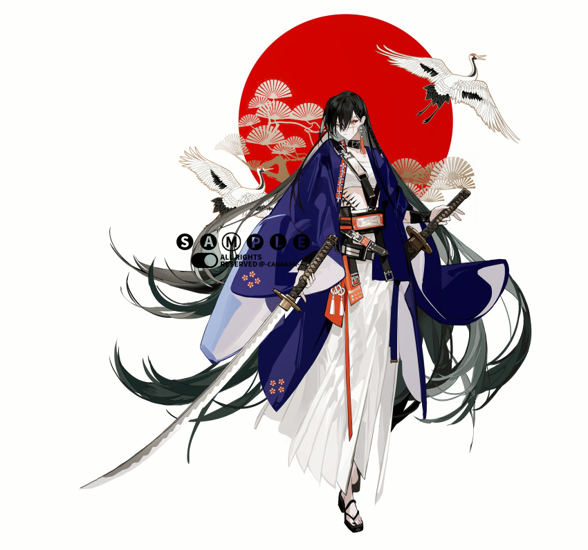1boy absurdres bishounen canaan66860242 full_body haori highres holding holding_sword holding_weapon japanese_clothes long_hair male_focus original solo standing sword weapon white_background