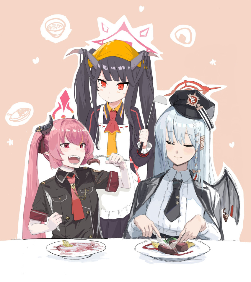 3girls apron bangs black_hair black_necktie black_shirt blue_archive blush braid breasts closed_eyes closed_mouth collared_shirt eating food fork fuuka_(blue_archive) grey_hair halo haruna_(blue_archive) hat head_scarf highres holding holding_fork holding_knife holding_ladle horns junko_(blue_archive) knife ladle long_hair long_sleeves medium_breasts multiple_girls necktie open_mouth peaked_cap plate red_eyes red_necktie shirt short_sleeves single_braid single_wing smile table teeth twintails white_shirt wings yayuyoron