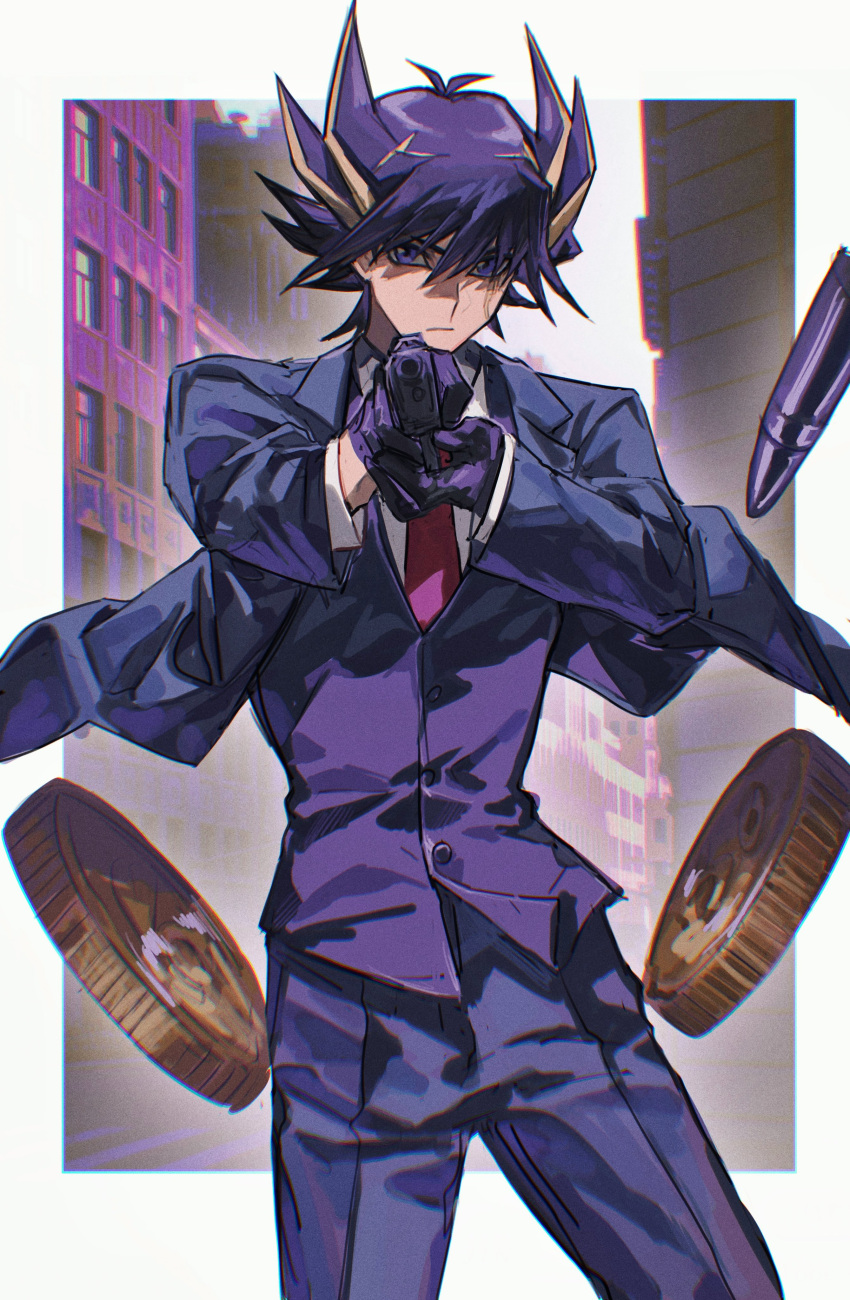 1boy absurdres aiming_at_viewer bangs black_gloves black_hair black_jacket black_pants black_vest blonde_hair blue_eyes building bullet coin commentary cosplay facial_mark fudou_yuusei gloves gun handgun highres holding holding_gun holding_weapon jacket long_sleeves looking_at_viewer male_focus multicolored_hair naoki_(2rzmcaizerails6) necktie open_clothes open_jacket pants red_necktie spiky_hair spy_x_family twilight_(spy_x_family) upper_body vest weapon yu-gi-oh! yu-gi-oh!_5d's