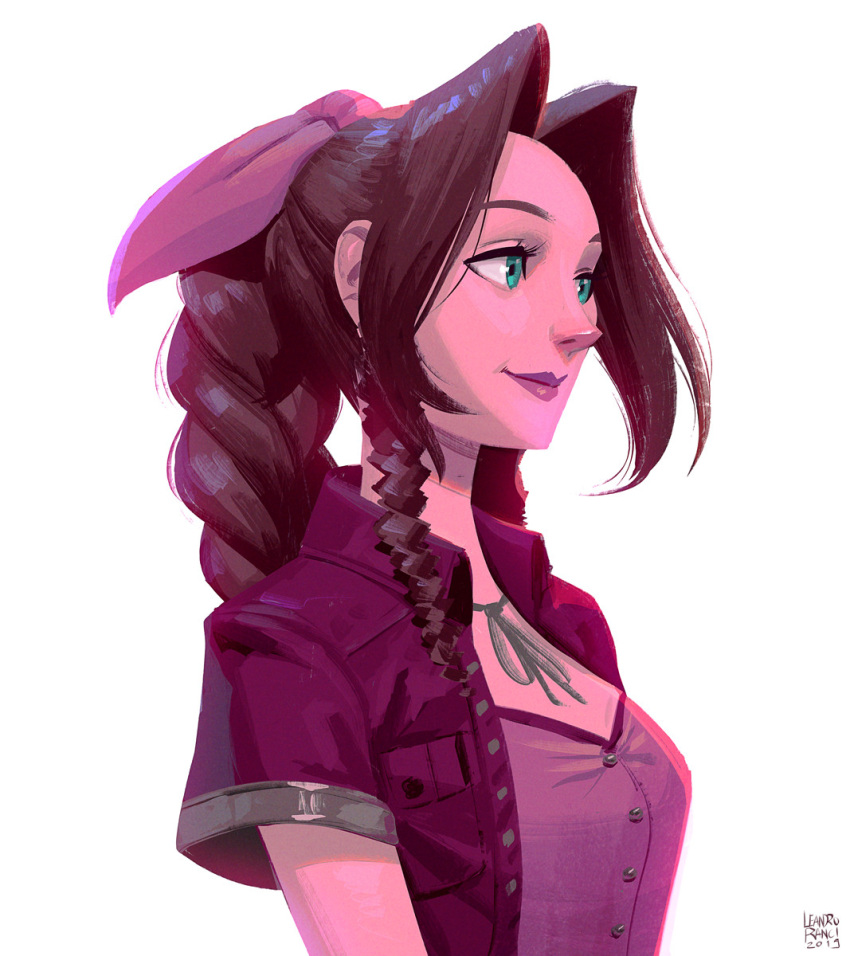 1girl aerith_gainsborough artist_name bangs braid braided_ponytail breasts brown_hair choker curly_hair dress final_fantasy final_fantasy_vii final_fantasy_vii_remake green_eyes hair_ribbon highres jacket leandro_franci long_hair looking_to_the_side medium_breasts parted_bangs pink_dress pink_ribbon portrait red_jacket ribbon ribbon_choker short_sleeves sidelocks smile solo upper_body white_background