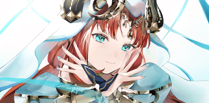 1girl aqua_eyes bangs blue_nails circlet closed_mouth dekitateomoti forehead_jewel genshin_impact highres horns long_hair long_sleeves looking_at_viewer low_twintails nail_polish nilou_(genshin_impact) parted_bangs portrait puffy_long_sleeves puffy_sleeves redhead simple_background smile solo twintails vambraces veil water white_background x_arms
