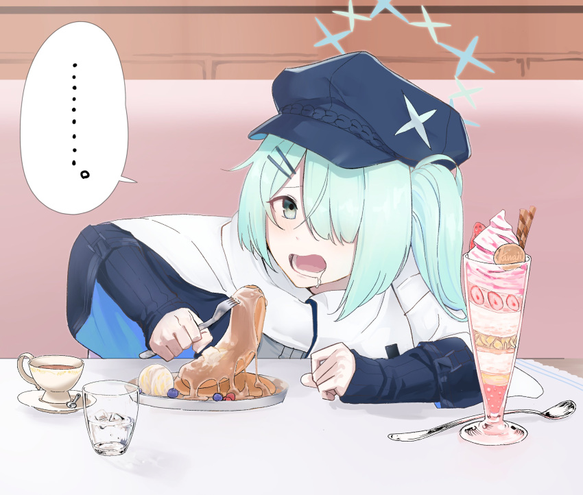 ... 1girl blue_archive blue_headwear blue_sweater butter cup drooling food fork hair_ornament hair_over_one_eye hairclip halo hat highres hiyori_(blue_archive) holding holding_fork ice_cream medium_hair open_mouth saucer scarf side_ponytail solo spoken_ellipsis spoon sundae sweater table teacup yayuyoron