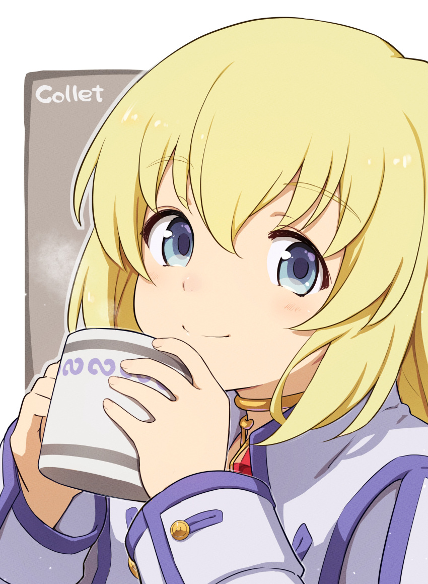 1girl absurdres bangs blonde_hair blue_eyes character_name closed_mouth colette_brunel cup gem highres kiikii_(kitsukedokoro) long_hair long_sleeves looking_at_viewer mug portrait red_gemstone smile solo tales_of_(series) tales_of_symphonia