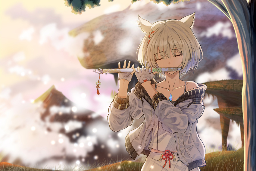 1girl animal_ears braid camisole cat_ears closed_eyes commentary fingerless_gloves flute gloves half_gloves highres instrument jacket long_sleeves mio_(xenoblade) open_clothes open_jacket playing_flute short_hair skirt solo tree white_camisole white_gloves white_hair white_jacket white_skirt xenoblade_chronicles_(series) xenoblade_chronicles_3 zanmu_no_sora