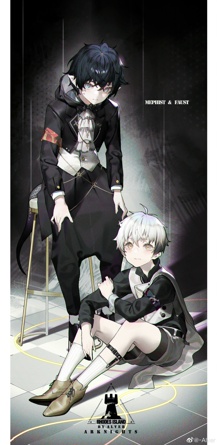 2boys absurdres ahoge alver arknights armband artist_name bangs black_hair black_jacket black_pants black_shirt blue_eyes brown_footwear center_frills character_name closed_mouth commentary_request copyright_name english_text faust_(arknights) film_grain frills full_body hand_on_own_arm hands_on_own_thighs highres hood hooded_jacket jacket leg_belt long_sleeves looking_at_viewer male_focus mephisto_(arknights) multiple_boys on_floor open_clothes open_jacket pants pointy_ears reunion_logo_(arknights) rhodes_island_logo shirt shoes short_hair shorts sitting socks stool tail vest white_hair white_shorts white_socks white_vest yellow_eyes