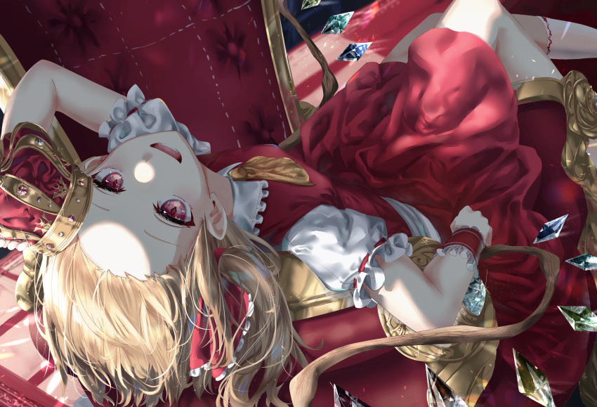 1girl :d absurdres ascot batory_(wxra2833) blonde_hair collared_shirt commentary crown crystal diamond-shaped_pupils diamond_(shape) fang flandre_scarlet frilled_shirt_collar frills hand_up highres looking_at_viewer lower_teeth lying medium_hair on_back open_mouth puffy_short_sleeves puffy_sleeves red_eyes red_skirt red_vest shirt short_sleeves side_ponytail skirt smile solo symbol-shaped_pupils teeth throne touhou vest white_shirt wings wrist_cuffs yellow_ascot