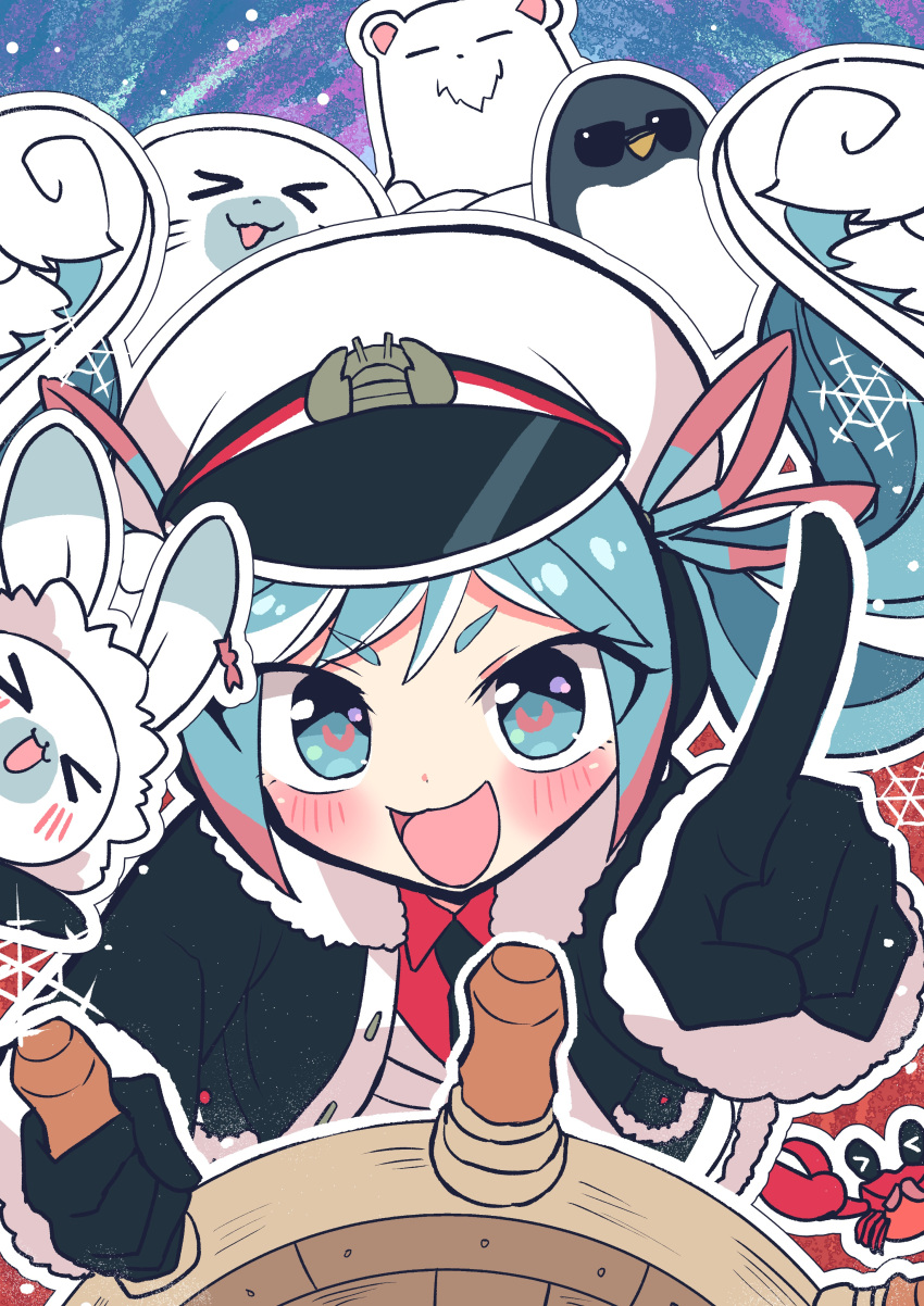 &gt;_&lt; 1girl 5others :d =_= absurdres animal bear bird black_coat black_gloves black_necktie blue_eyes blue_hair blush closed_eyes coat colored_tips commentary crab foreshortening from_above fur-trimmed_coat fur_trim gloves hair_ribbon hat hatsune_miku headphones heart heart-shaped_pupils highres index_finger_raised jacket kasaki_sakura long_hair military military_uniform multicolored_hair multiple_others naval_uniform necktie open_mouth peaked_cap penguin pointing pointing_at_viewer polar_bear rabbit red_ribbon red_shirt redhead ribbon seal_(animal) ship's_wheel shirt smile steering_wheel sunglasses symbol-shaped_pupils twintails uniform very_long_hair vocaloid wavy_hair white_headwear white_jacket yuki_miku yuki_miku_(2022)