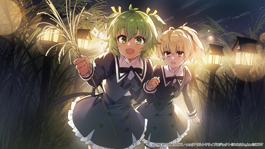 2girls :d ahoge andou_tazusa antenna_hair arm_at_side assault_lily backlighting bangs black_ribbon black_skirt blonde_hair buttons commentary_request cowboy_shot cropped_jacket dutch_angle frilled_skirt frills grass green_eyes green_hair hair_between_eyes hair_ribbon hand_up hands_up high-waist_skirt highres holding holding_hands juliet_sleeves lantern light_blush light_particles long_sleeves looking_at_viewer miniskirt multiple_girls neck_ribbon night night_sky official_art open_mouth outdoors pantyhose parted_lips path ponytail puffy_sleeves raised_eyebrows red_eyes red_ribbon ribbon school_uniform shiny shiny_hair shirt short_hair skirt sky smile sparkle standing tall_grass two-tone_ribbon two_side_up watermark wattaro white_pantyhose white_shirt wooden_lantern yellow_ribbon yoshimura_thi_mai yurigaoka_girls_academy_school_uniform