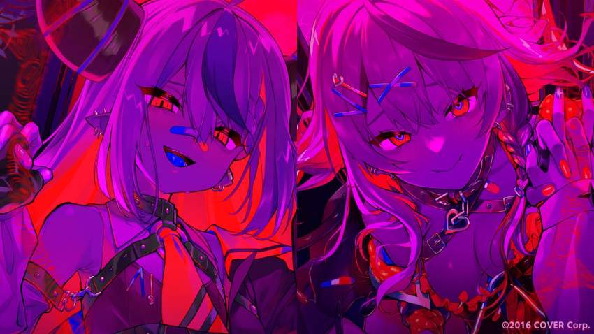 2girls bandaid bandaid_on_face bandaid_on_nose collar demon_horns ear_piercing hair_ornament heart heart-shaped_pupils heart_collar highres hololive horns la+_darknesss looking_at_viewer multicolored_hair multiple_girls nail_polish open_mouth oshiruko_(oshiruco_212048) piercing red_eyes sakamata_chloe streaked_hair striped_horns symbol-shaped_pupils tongue tongue_out virtual_youtuber