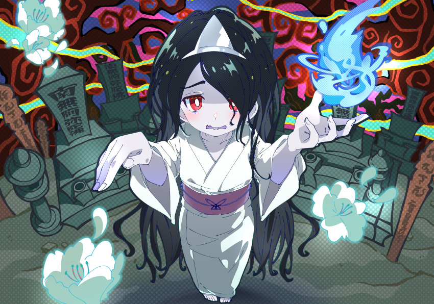 1girl absurdres bangs barefoot black_hair blue_fire blush bright_pupils commentary english_commentary fire fisheye flower from_above full_body ghost halftone halftone_background hands_up highres hitodama ixy japanese_clothes kimono light_blush long_hair long_sleeves looking_at_viewer obi obijime original outstretched_arms pale_skin parted_bangs red_eyes sash solo sotoba standing stone_lantern tombstone triangular_headpiece very_long_hair white_flower white_kimono white_pupils wide_sleeves
