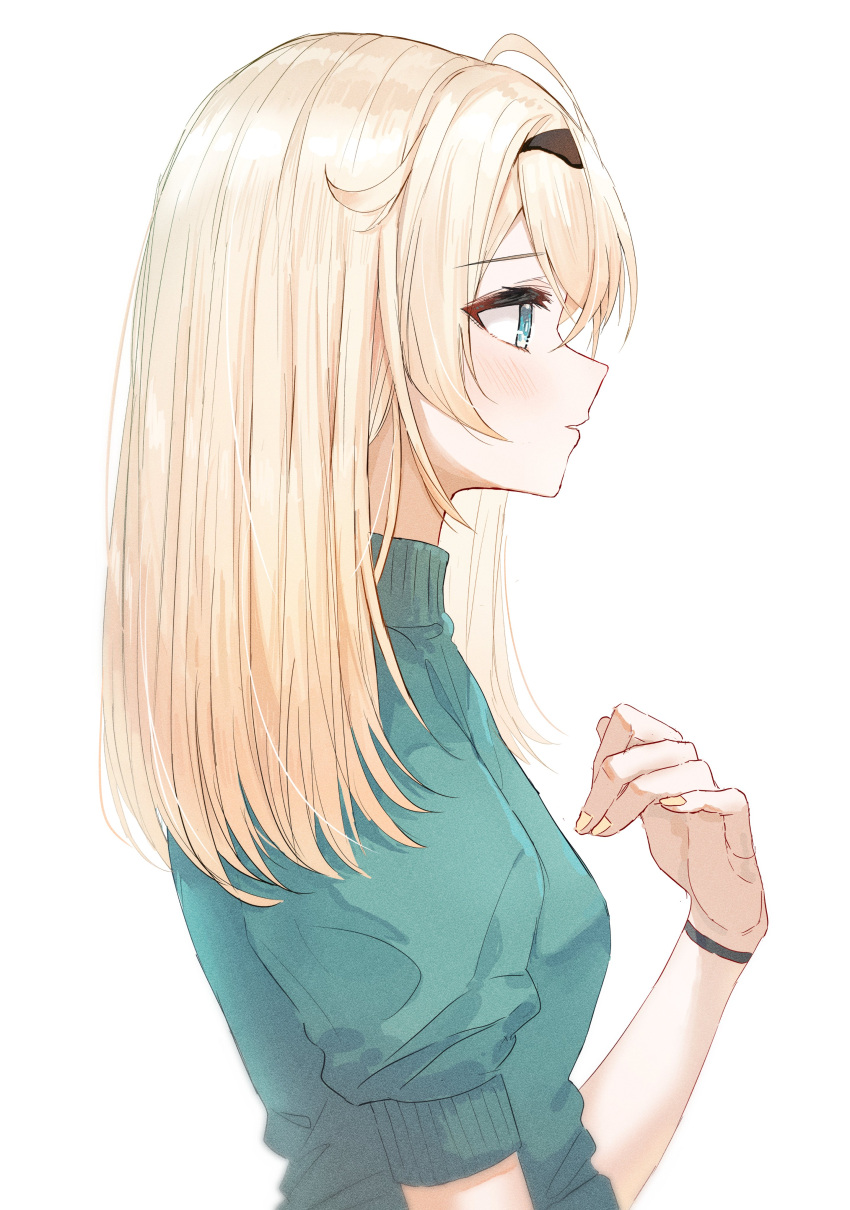 1girl absurdres alternate_hairstyle bangs blonde_hair blue_eyes blue_sweater blush from_side highres hololive kazama_iroha long_hair looking_away nail_polish parted_lips profile simple_background solo sweater tagosaku_(tatsukiuma0329) upper_body virtual_youtuber white_background yellow_nails