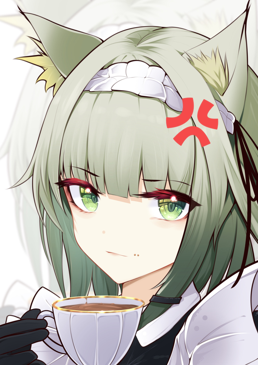 1girl absurdres anger_vein animal_ear_fluff animal_ears arknights black_dress black_gloves black_ribbon cangshuaowu cat_ears cat_girl cup dress gloves green_eyes green_hair hair_ornament hair_ribbon hairband hairclip hand_up highres holding holding_cup kal'tsit_(arknights) looking_at_viewer maid official_alternate_costume portrait ribbon short_hair simple_background solo teacup white_background white_hairband zoom_layer