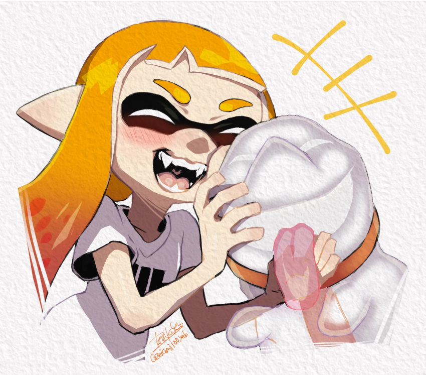 1girl :d ^_^ blush cheek_squash closed_eyes crossover fangs ghost highres inkling isamu-ki_(yuuki) long_hair luigi's_mansion nintendo orange_hair pointy_ears polterpup shirt short_sleeves simple_background smile splatoon_(series) t-shirt tentacle_hair twitter_username white_background white_shirt