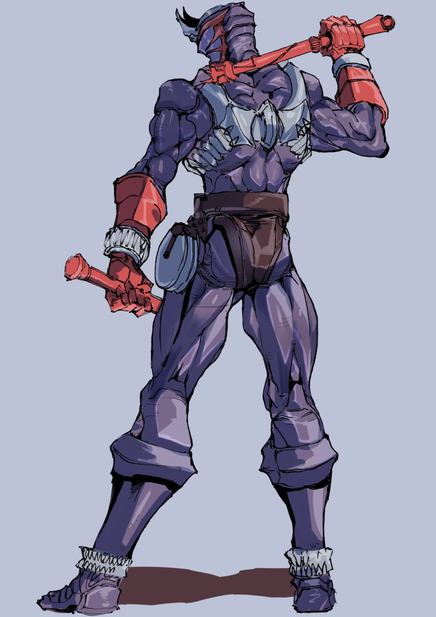 1boy armor bodysuit commentary_request demon from_side gloves helmet highres horns ichitaka_(1015ichitaka) kamen_rider kamen_rider_hibiki kamen_rider_hibiki_(series) looking_back male_focus mask oni purple_bodysuit red_gloves sketch solo spikes standing vambraces