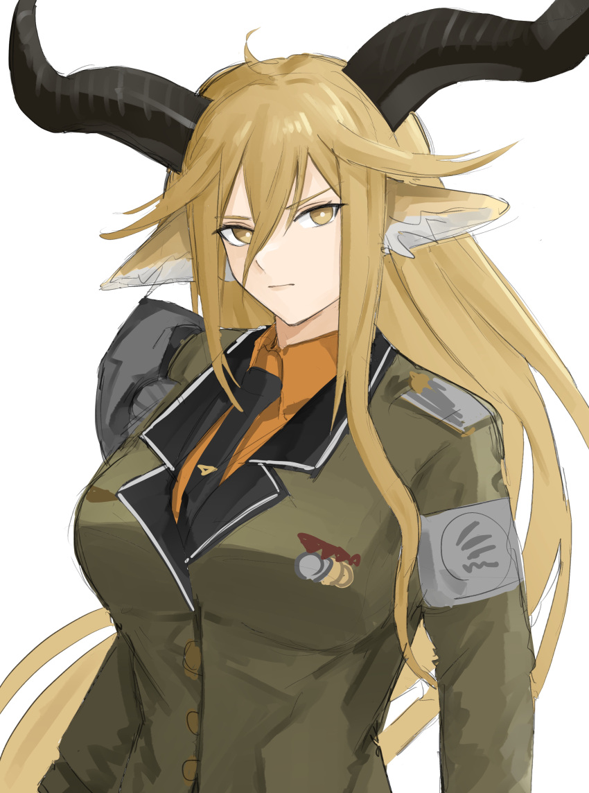 1girl absurdres animal_ears arknights armband breasts degenbrecher_(arknights) goat_ears goat_girl goat_horns green_jacket hair_between_eyes highres horns jacket kjerag_logo light_brown_hair long_hair long_sleeves medallion medium_breasts military military_uniform rain_(rain8649) simple_background solo uniform upper_body white_background