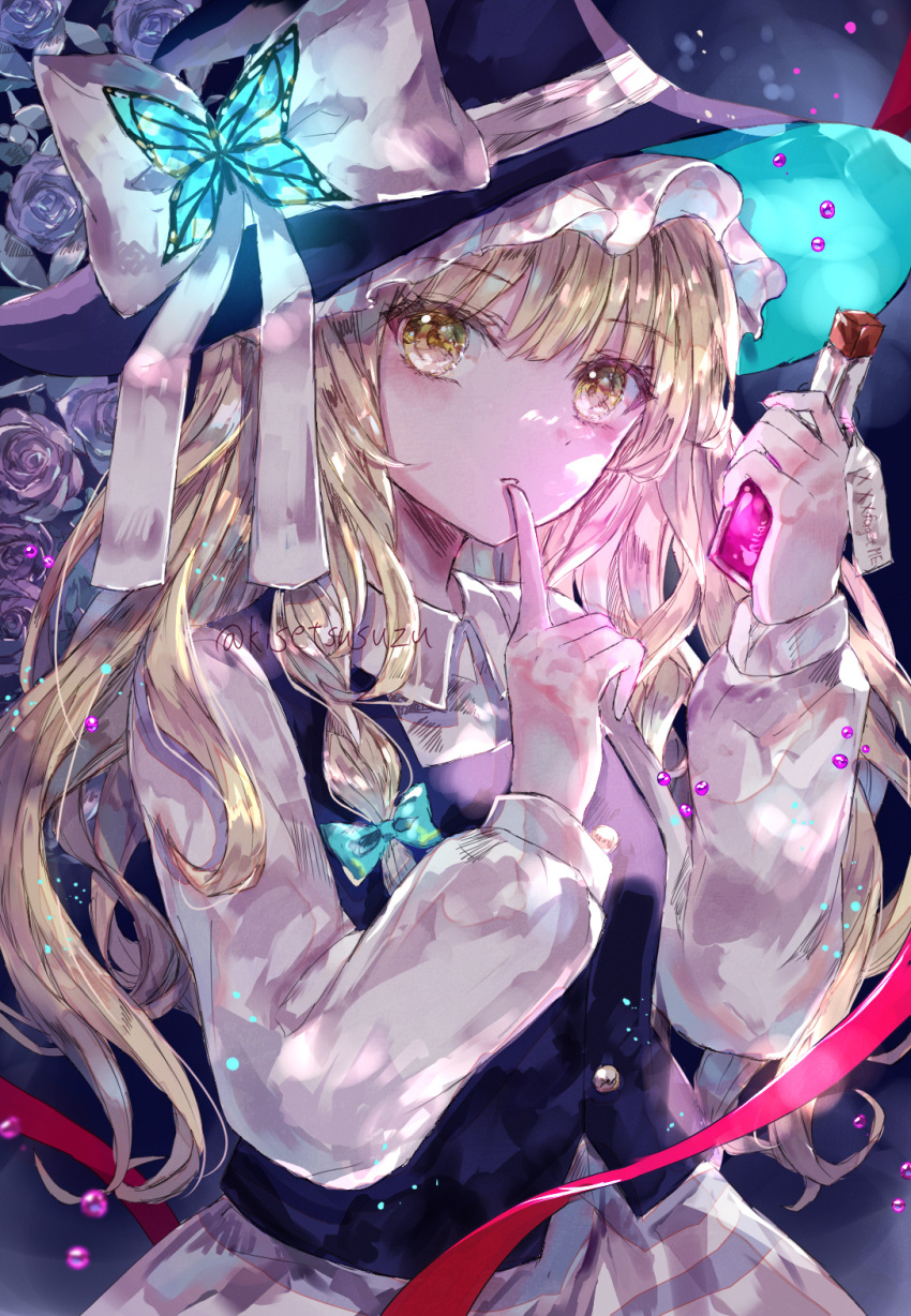 1girl black_headwear blonde_hair blue_bow blue_flower blue_rose bow braid bug butterfly finger_to_mouth flower hat hat_bow highres kirisame_marisa long_hair long_sleeves pink_flower pink_rose purple_flower purple_rose red_flower red_rose rose solo suzushina touhou white_flower white_rose witch_hat yellow_eyes