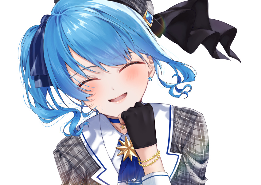 1girl absurdres ascot beret blue_hair bracelet choker closed_eyes ear_piercing gloves hat highres hololive hoshimachi_suisei jewelry open_mouth partially_fingerless_gloves piercing plaid plaid_shirt shirt side_ponytail simple_background smile solo upper_body virtual_youtuber white_background yuuyu_(moco20111115)