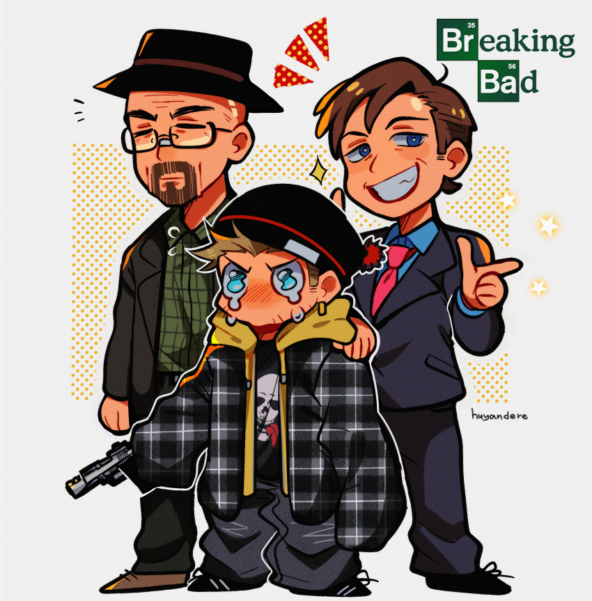 3boys =_= absurdres animification baggy_clothes baggy_pants beanie black_headwear blue_eyes blush breaking_bad brown_hair closed_eyes coat copyright_name facial_hair formal glasses grin gun hat highres hood hood_down huyandere jacket jesse_pinkman logo male_focus multiple_boys necktie open_clothes open_coat pants saul_goodman shirt signature simple_background smile sparkle standing star_(symbol) suit tears walter_white weapon