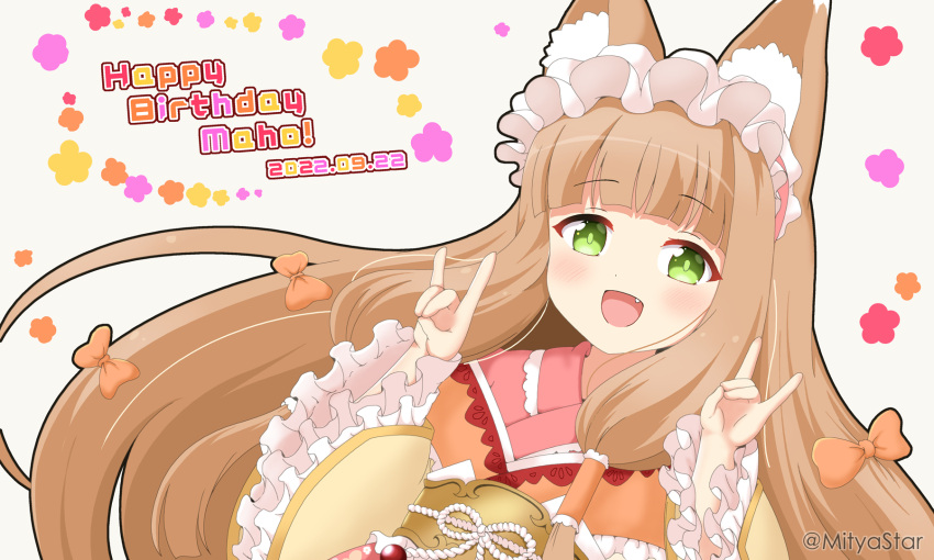1girl :d animal_ear_fluff animal_ears bangs blunt_bangs blush brown_hair brown_kimono character_name commentary commentary_request dated double_fox_shadow_puppet fang floral_background fox_ears fox_girl fox_shadow_puppet frilled_hairband frilled_sleeves frills green_eyes grey_background hair_tubes hairband hands_up happy_birthday highres japanese_clothes kimono long_hair long_sleeves looking_at_viewer maho_(princess_connect!) mitya open_mouth pink_hairband princess_connect! simple_background skin_fang sleeves_past_wrists smile solo twitter_username upper_body wide_sleeves
