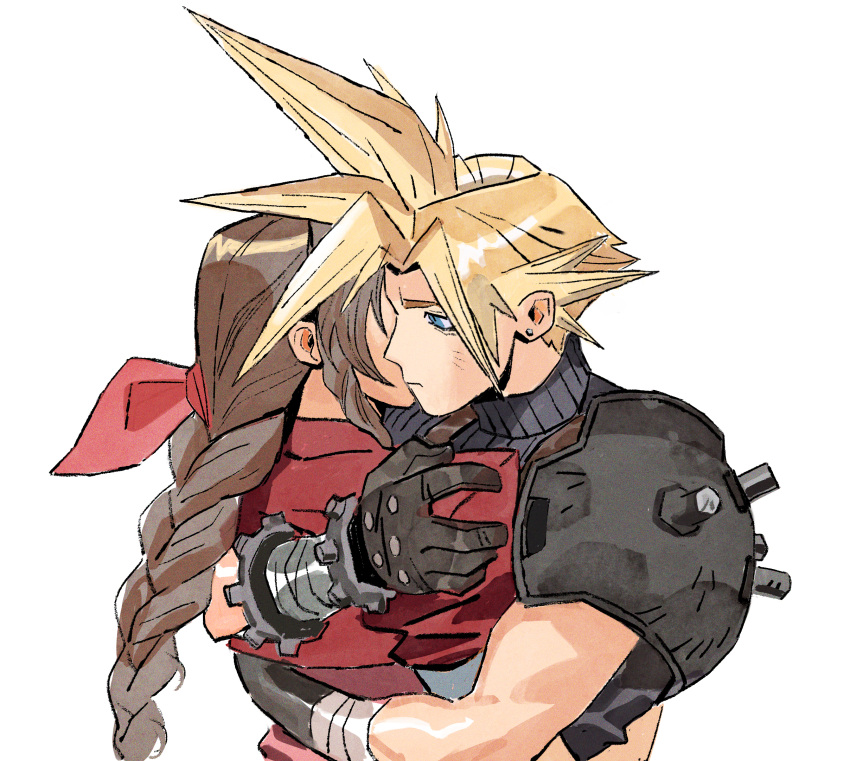 1boy 1girl aerith_gainsborough ami_thompson armor bandaged_arm bandages bangs blonde_hair blue_eyes blue_shirt braid braided_ponytail brown_hair cloud_strife cropped_jacket earrings final_fantasy final_fantasy_vii gloves hair_ribbon highres hug jacket jewelry parted_bangs pink_ribbon puffy_short_sleeves puffy_sleeves red_jacket ribbon shirt short_sleeves shoulder_armor sidelocks single_earring sleeveless sleeveless_turtleneck spiky_hair turtleneck upper_body white_background