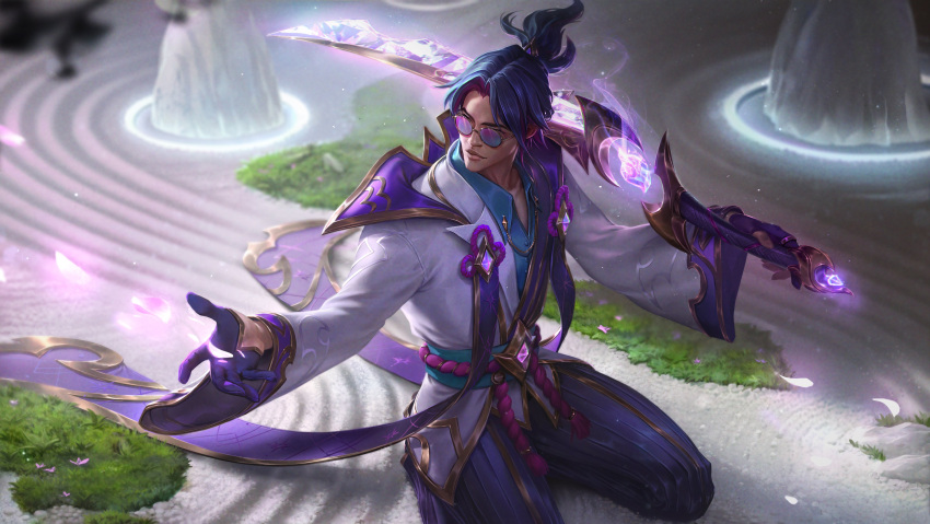 1boy absurdres bangs black_hair collared_shirt gloves grass green_shirt hakama highres holding holding_weapon jacket japanese_clothes league_of_legends long_sleeves master_yi official_alternate_costume official_art outdoors over_shoulder parted_bangs pleated_pants ponytail purple_gloves second-party_source shiny shiny_hair shirt short_hair smile solo spirit_blossom_master_yi sunglasses tinted_eyewear weapon weapon_over_shoulder white_jacket