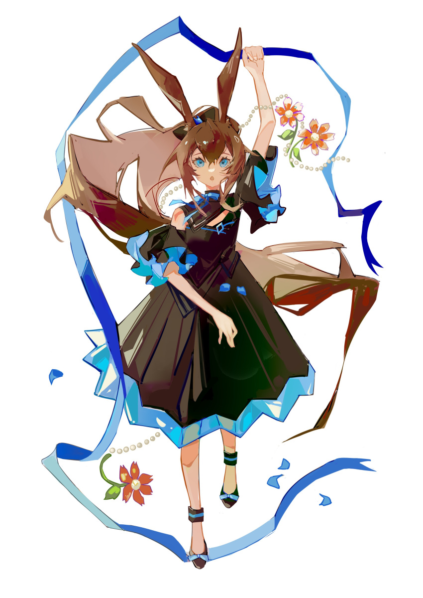 :o absurdly_long_hair absurdres ambience_synesthesia amiya_(arknights) animal_ears anklet arknights arm_up bare_shoulders black_dress black_footwear blue_bow blue_bowtie blue_collar blue_eyes blue_ribbon bow bowtie brown_hair collar dress flower full_body highres infection_monitor_(arknights) jewelry long_hair looking_at_viewer mofa_huang_gou neck_ring official_alternate_costume ponytail rabbit_ears rabbit_girl red_flower ribbon standing very_long_hair