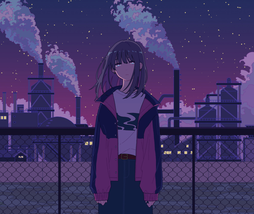 1girl absurdres aqua_eyes bangs brown_hair expressionless fence highres long_hair looking_at_viewer night night_sky original puffy_short_sleeves puffy_sleeves shi_oo short_sleeves sky smokestack solo star_(sky) starry_sky upper_body