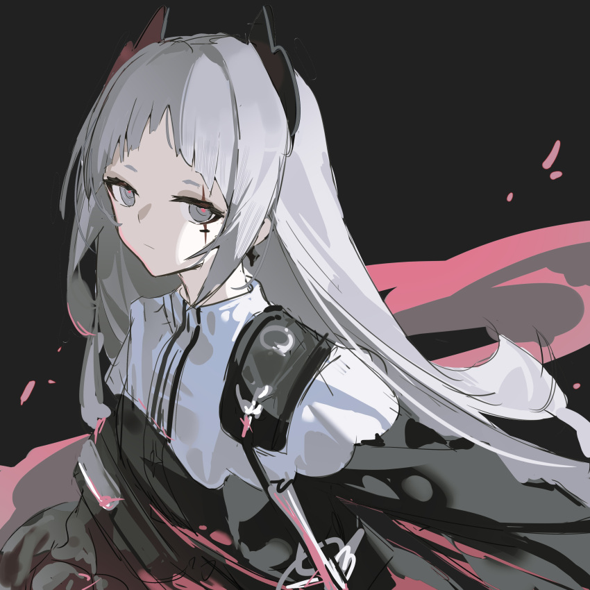 1girl absurdres arknights black_background black_eyes black_jacket capelet closed_mouth earrings grey_hair head_wings highres irene_(arknights) jacket jewelry long_hair looking_at_viewer qtian scar scar_across_eye scar_on_face simple_background sketch solo upper_body very_long_hair white_capelet