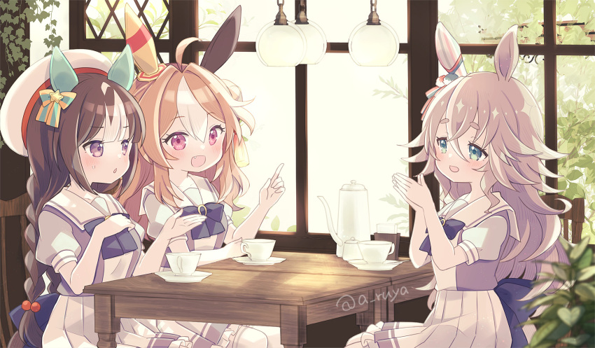 3girls :d ahoge animal_ears aruya_(flosrota) beret blush bow braid brown_hair chestnut_mouth commentary_request copano_rickey_(umamusume) cup ear_covers fang frilled_skirt frills green_eyes hair_bobbles hair_bow hair_ornament hanging_light hat highres hokko_tarumae_(umamusume) horse_ears horse_girl index_finger_raised indoors light_brown_hair long_hair looking_at_another low_twin_braids multicolored_hair multiple_girls own_hands_together plant pleated_skirt red_eyes restaurant school_uniform single_ear_cover sitting skirt smile streaked_hair table teacup tracen_school_uniform twin_braids twitter_username umamusume violet_eyes white_hair white_skirt wonder_acute_(umamusume)