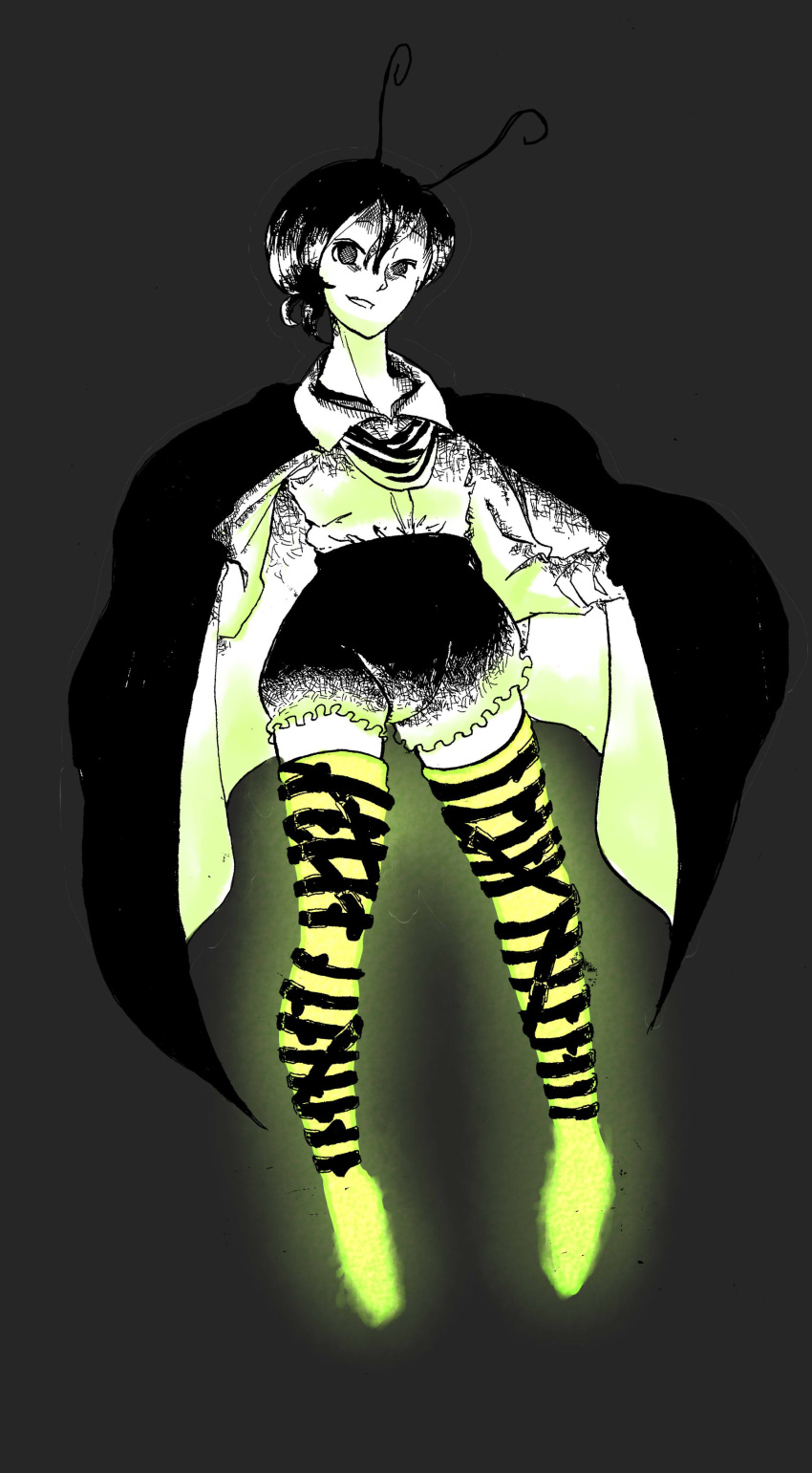 1girl absurdres antennae belt black_shorts cape full_body glowing green_thighhighs grey_background highres looking_at_viewer one-hour_drawing_challenge shirt short_hair shorts solo thigh-highs touhou two-sided_cape two-sided_fabric uokin2 white_shirt wriggle_nightbug