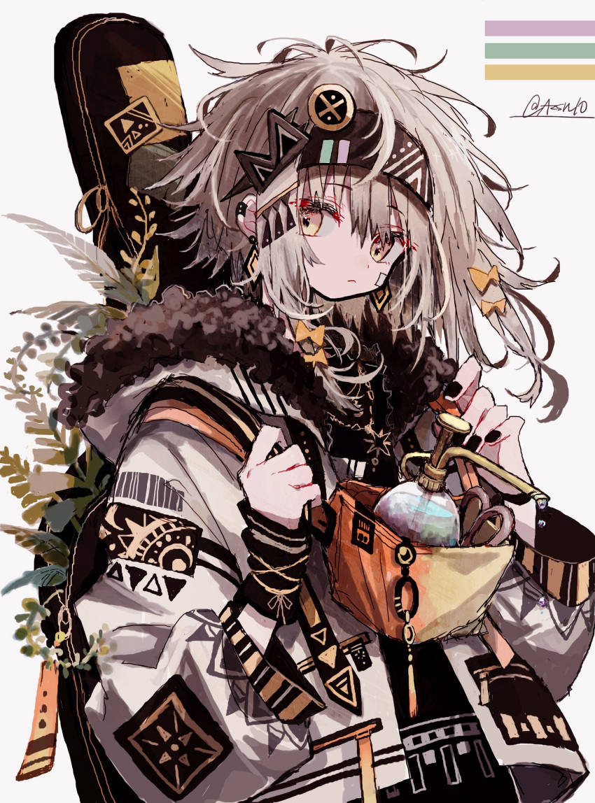 1girl absurdres azzz_(7334080) bangs black_nails brown_eyes expressionless hands_up highres hood hood_down instrument_case leaf long_sleeves looking_at_viewer original plant solo twitter_username